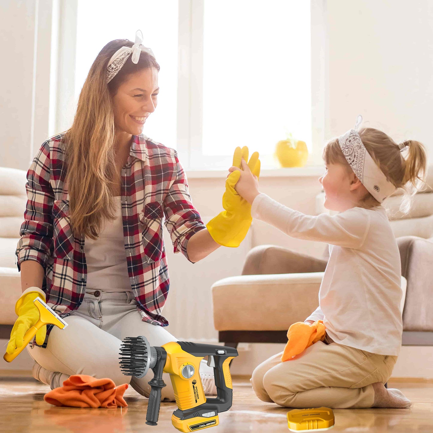 Kids Handheld Electric Cleaning Tool Toy Set with Rotating Brush Head Scraper Sponge, Home Cleaning Toy