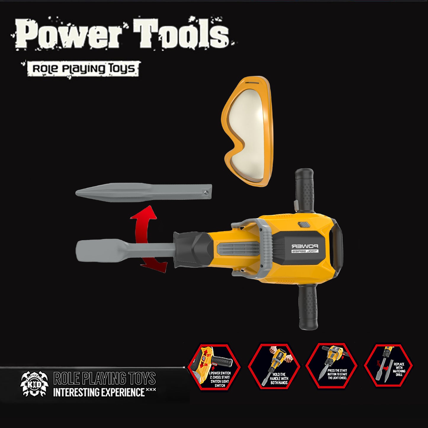 YEIBOBO ! Kids Jackhammer Toy Drill with Replacement Drill Bit and Safety Goggles, Pretend Play Power Tools with Realistic Sound, Construction Toys and Equipment for Boys T024