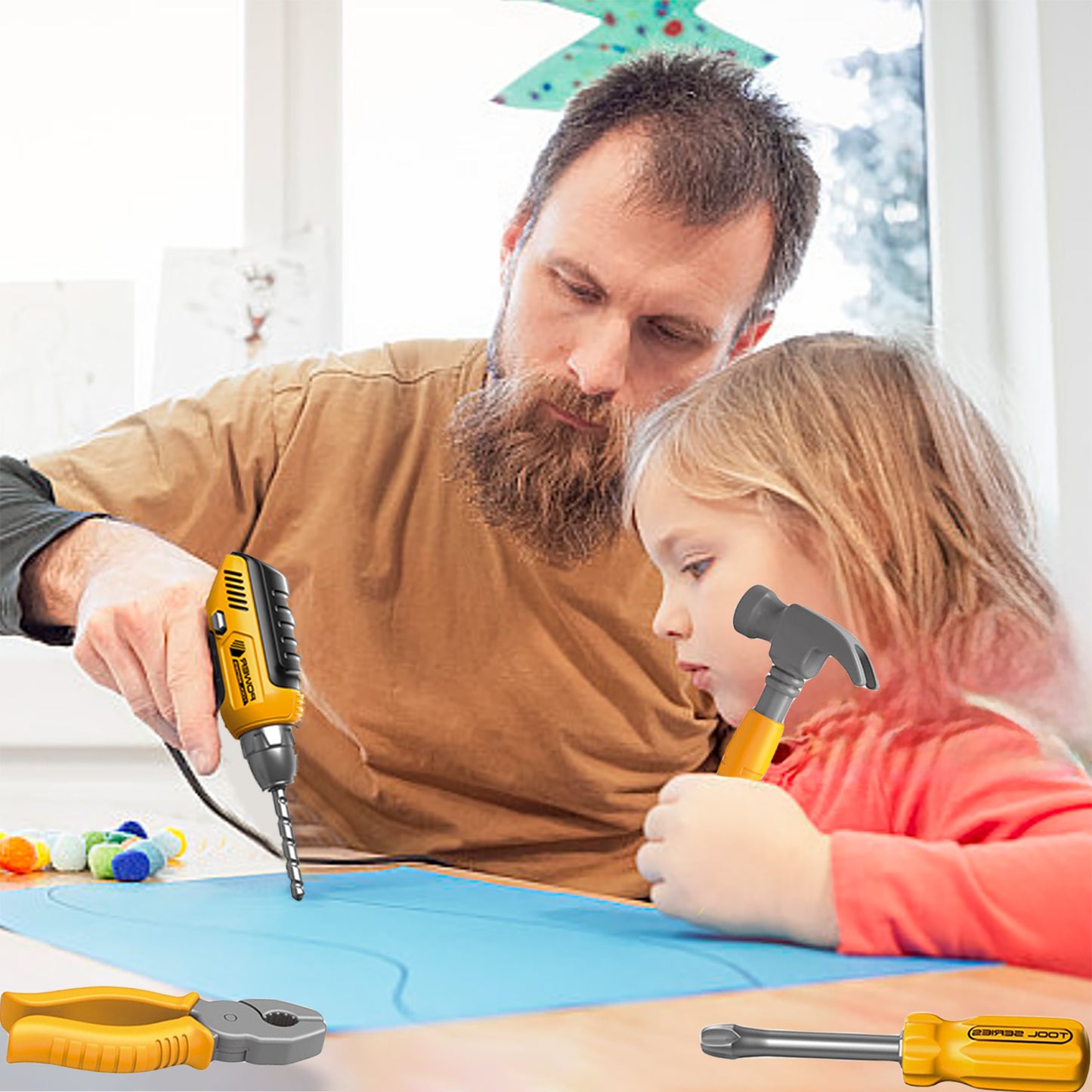 YEIBOBO ! Kids Tool Set, 21 PCS Pretend Play Toddler Tool, Electric Drill Toys, Tool Box with Construction Vest Saw Tape Measure Toys