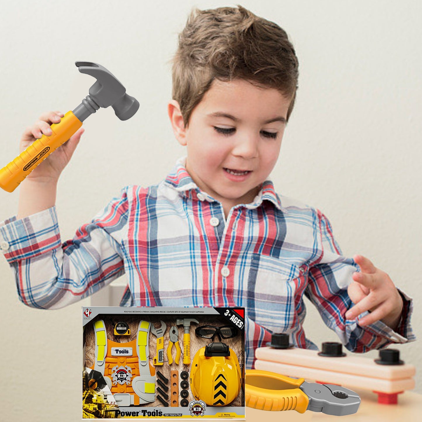 YEIBOBO !Kids Tool Set, 18 PCS Pretend Play Toddler Tool Toys, Tool Box with Construction Vest Hard Hat Tape Measure Goggle Toys 015A