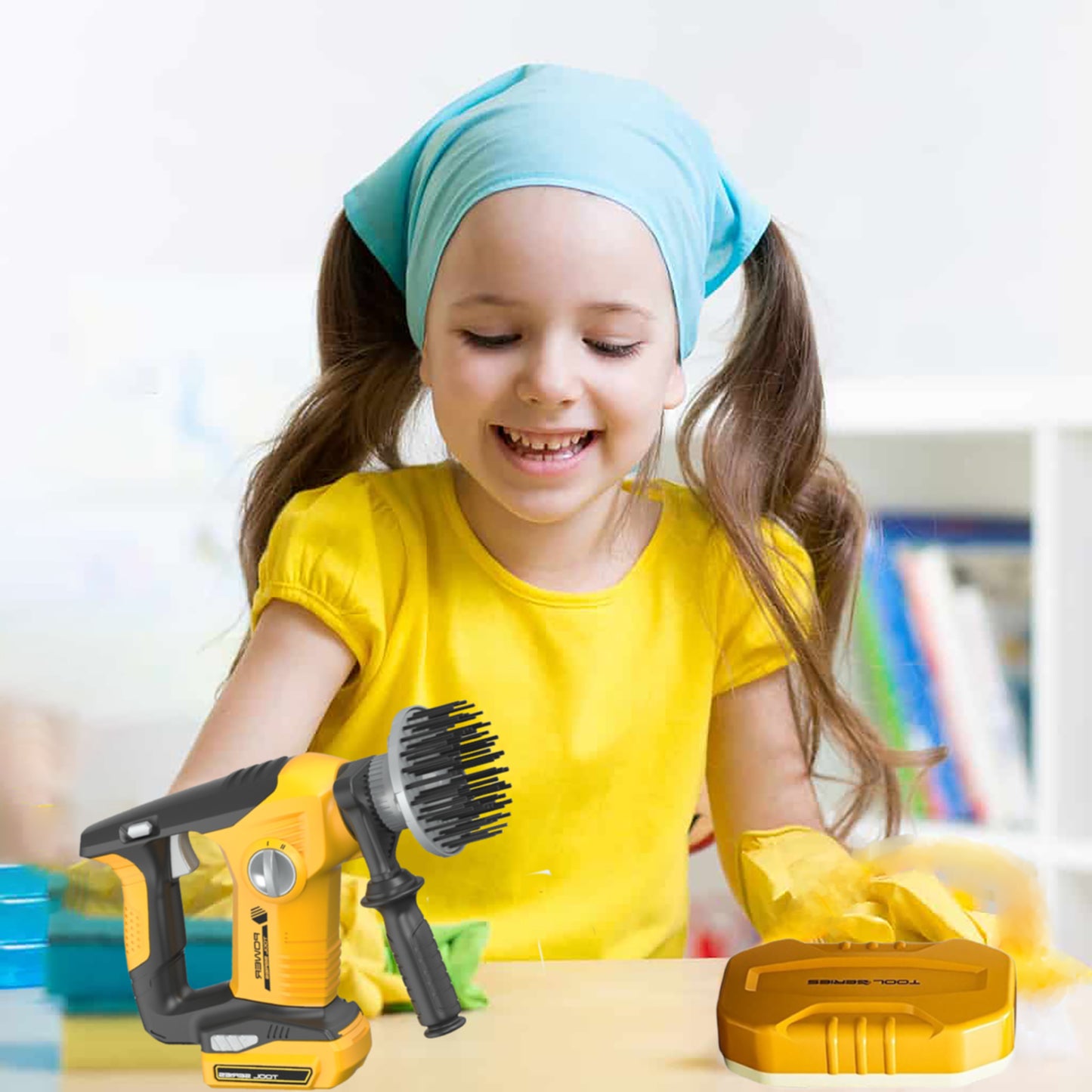 Kids Handheld Electric Cleaning Tool Toy Set with Rotating Brush Head Scraper Sponge, Home Cleaning Toy