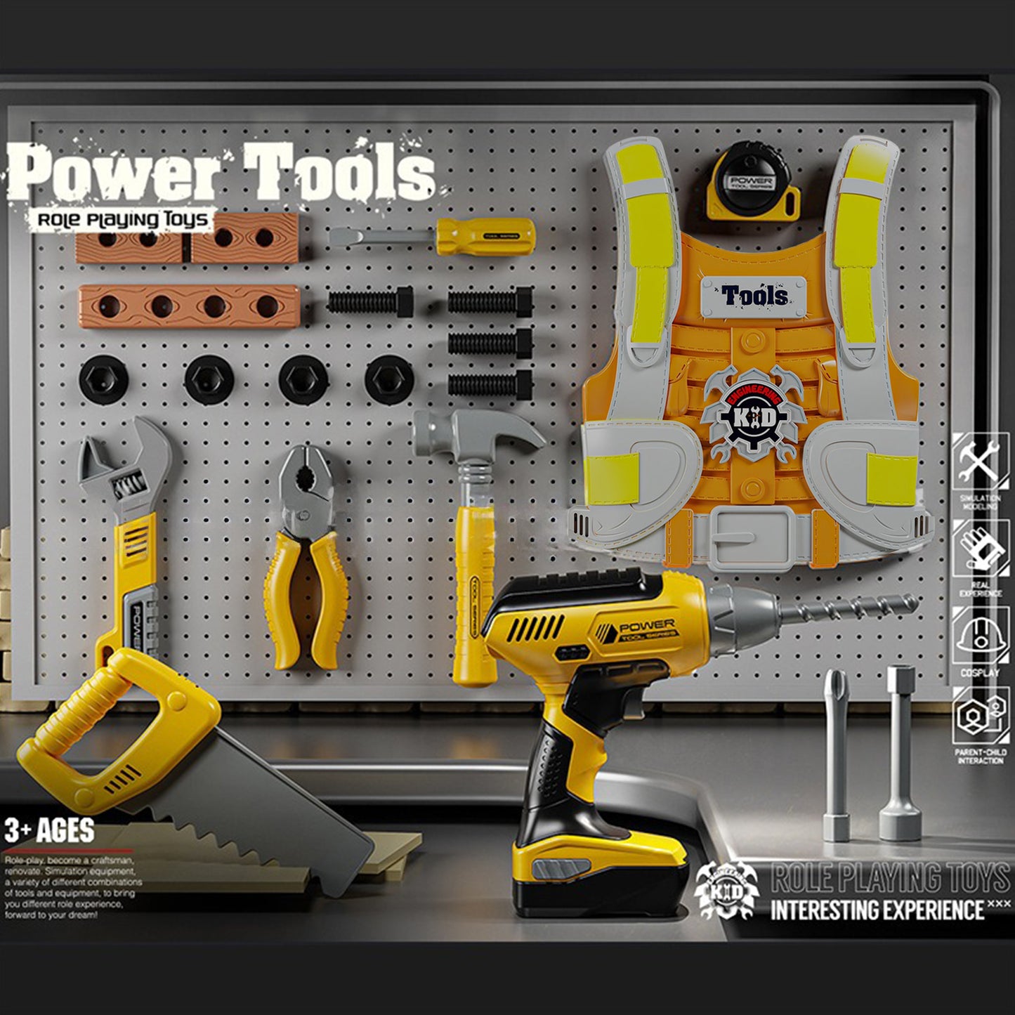 YEIBOBO ! Kids Tool Set, 21 PCS Pretend Play Toddler Tool, Electric Drill Toys, Tool Box with Construction Vest Saw Tape Measure Toys