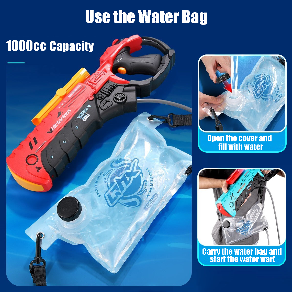 YEIBOBO ! 3-in-1 Electric Water Gun for Kids & Adults with 300CC+1000CC+Unlimited Capacity, Long Distance Up to 33 FT Range, Swimming Pool Beach Water War Party Games (Blue)