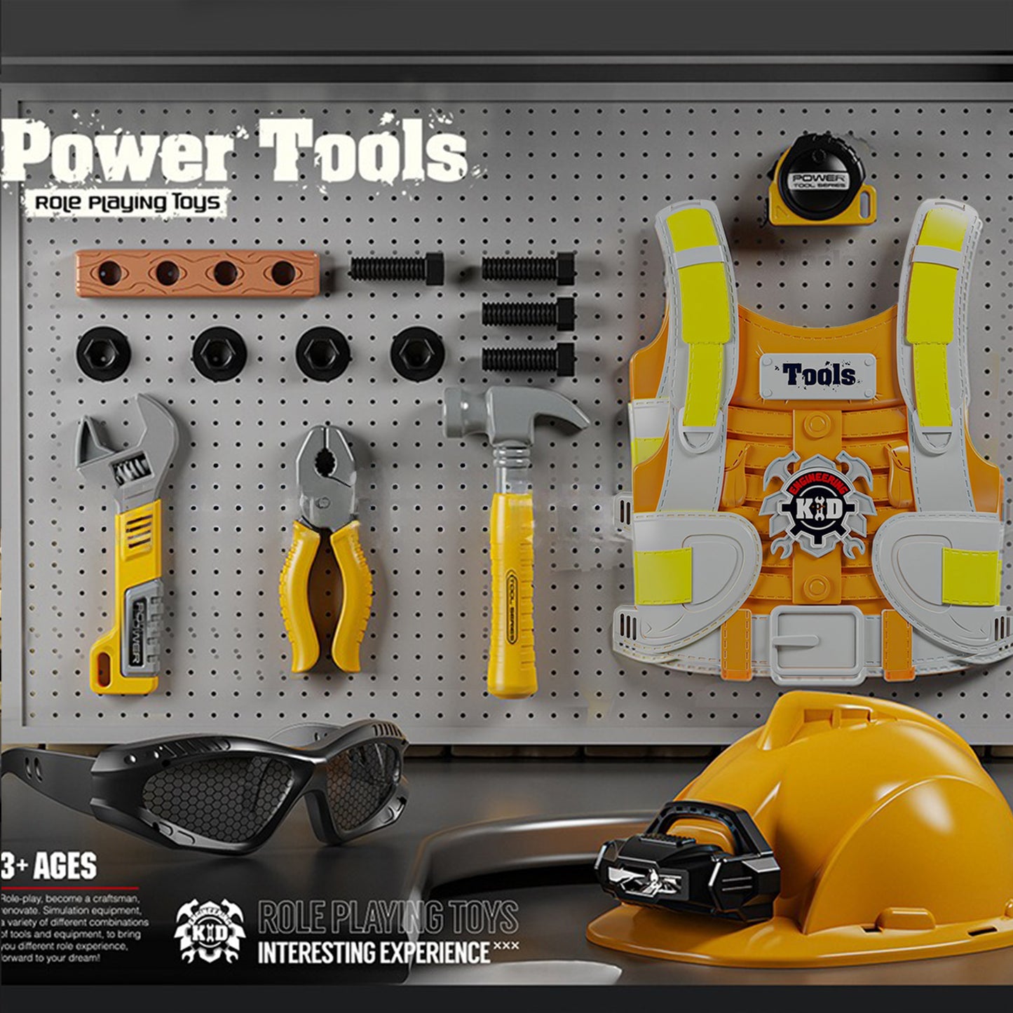 YEIBOBO !Kids Tool Set, 18 PCS Pretend Play Toddler Tool Toys, Tool Box with Construction Vest Hard Hat Tape Measure Goggle Toys 015A