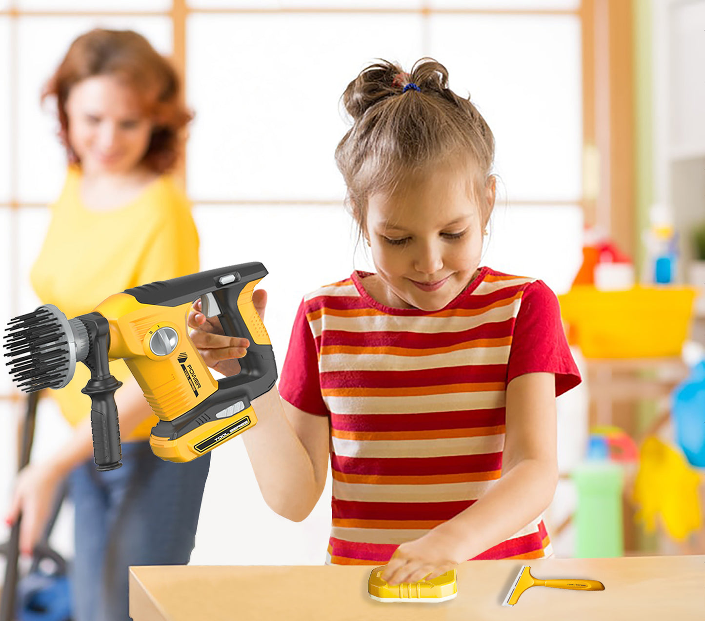 Kids Handheld Electric Cleaning Tool Toy Set with Rotating Brush Head Scraper Sponge, Home Cleaning Toy