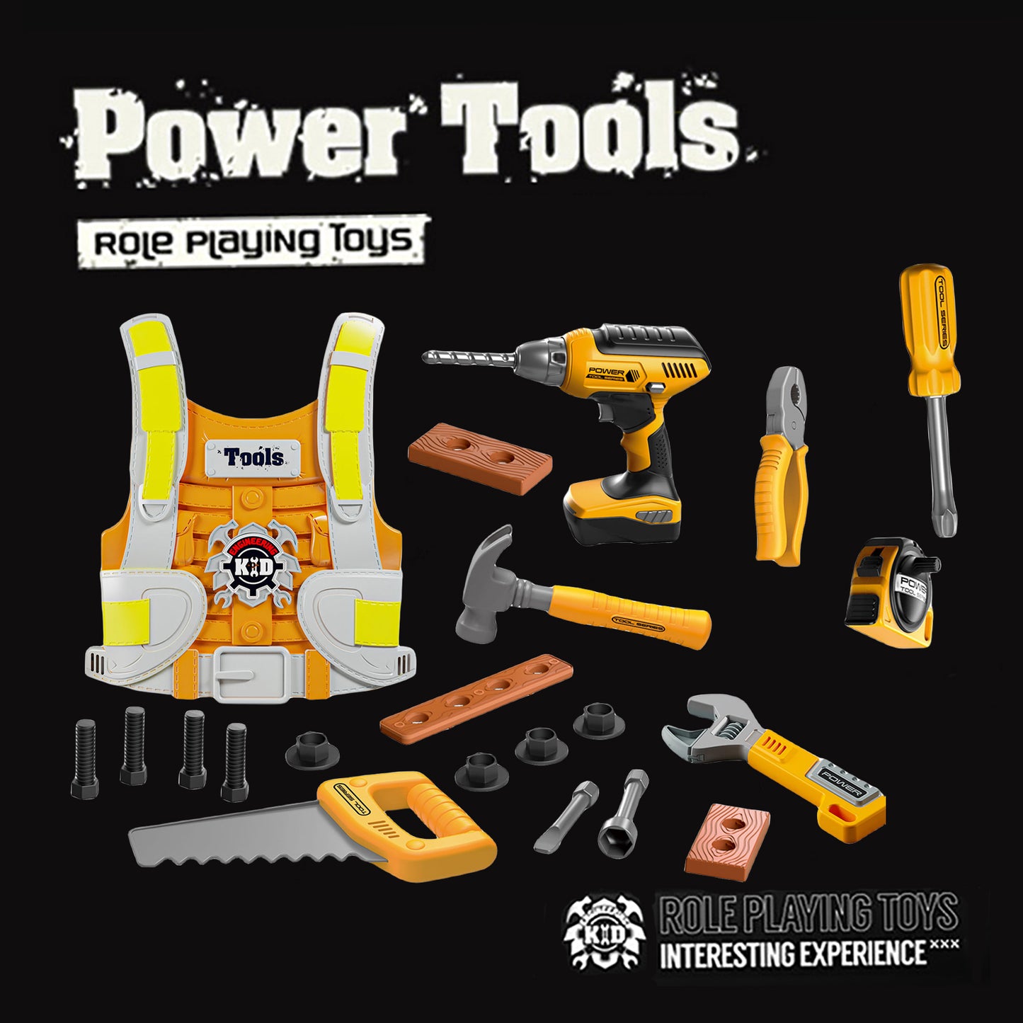YEIBOBO ! Kids Tool Set, 21 PCS Pretend Play Toddler Tool, Electric Drill Toys, Tool Box with Construction Vest Saw Tape Measure Toys