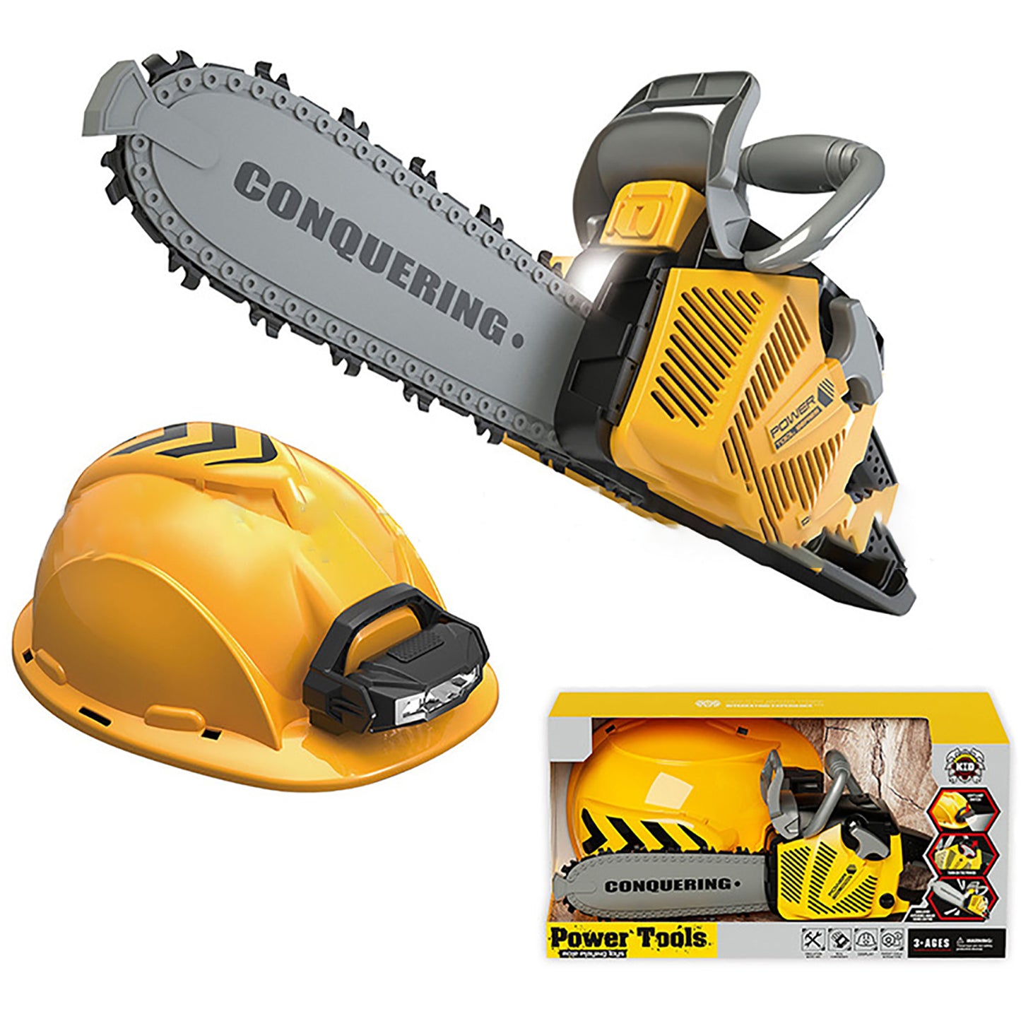 YEIBOBO ! Toy Chainsaw with Hard Hat for Boys, Kids Saw Tool Real Sounds Lights and Turning Gears, Childrens Tool Box T006