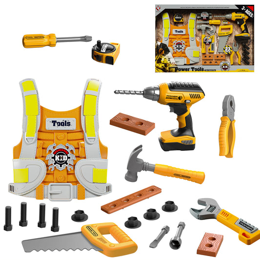 YEIBOBO ! Kids Tool Set, 21 PCS Pretend Play Toddler Tool, Electric Drill Toys, Tool Box with Construction Vest Saw Tape Measure Toys