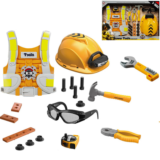 YEIBOBO !Kids Tool Set, 18 PCS Pretend Play Toddler Tool Toys, Tool Box with Construction Vest Hard Hat Tape Measure Goggle Toys 015A