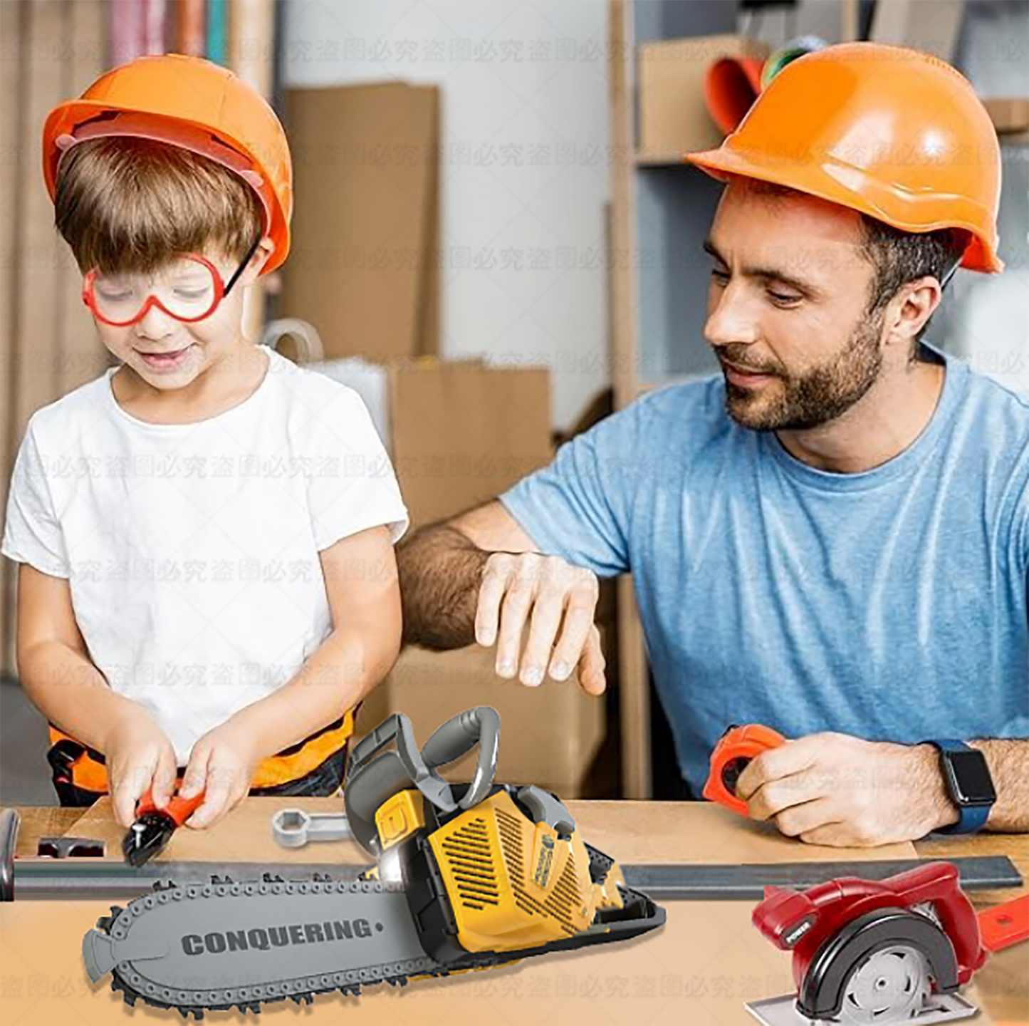 YEIBOBO ! Toy Chainsaw with Hard Hat for Boys, Kids Saw Tool Real Sounds Lights and Turning Gears, Childrens Tool Box T006