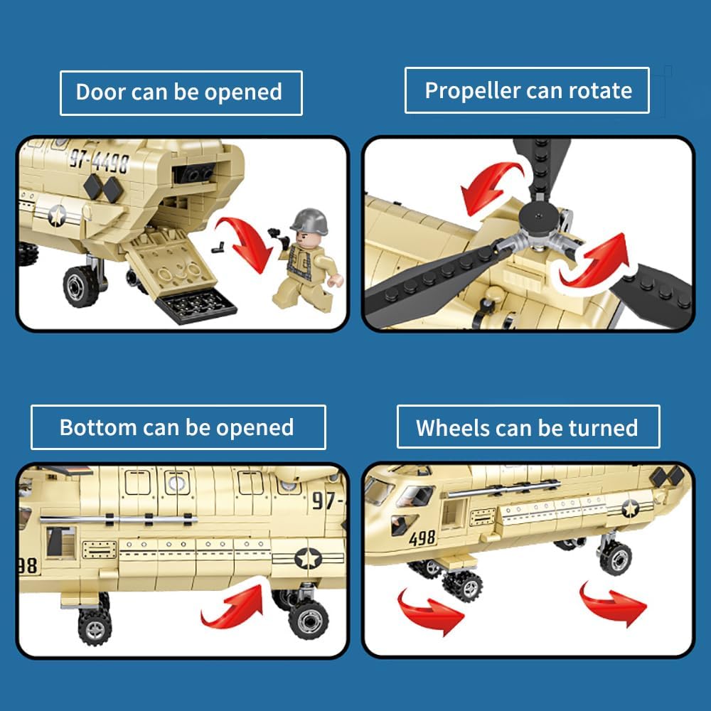 YEIBOBO ! CH-47 Medium Transport Helicopter Building Blocks Set, 451PCS Airplane Model Building Kits with Figure, Military Aircraft Gift for Adults and Kids XJ-839C