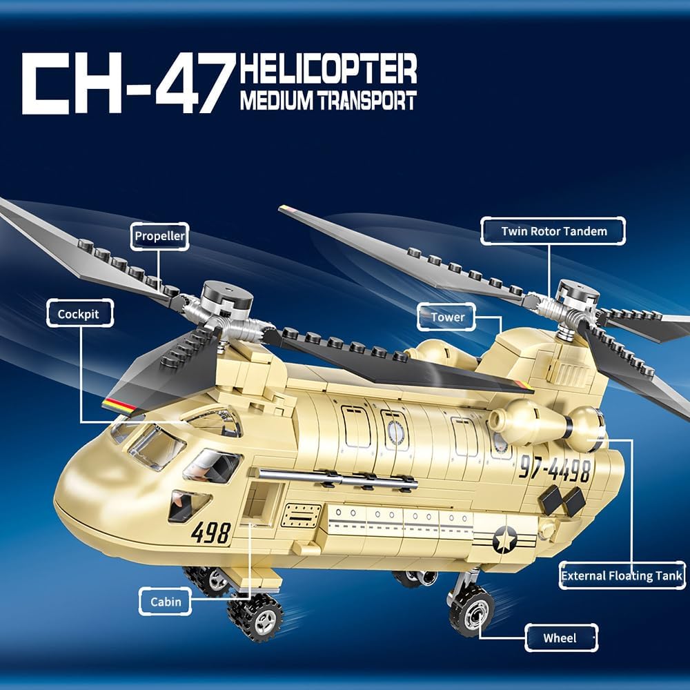 YEIBOBO ! CH-47 Medium Transport Helicopter Building Blocks Set, 451PCS Airplane Model Building Kits with Figure, Military Aircraft Gift for Adults and Kids XJ-839C