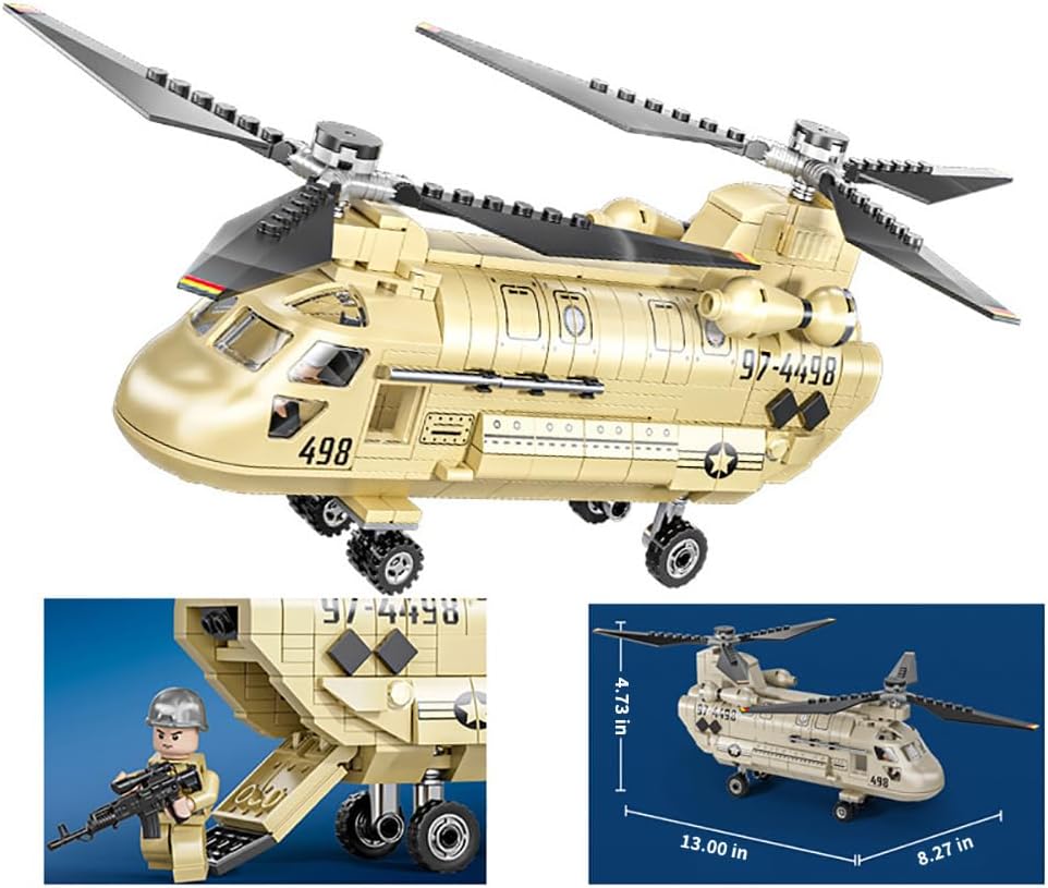 YEIBOBO ! CH-47 Medium Transport Helicopter Building Blocks Set, 451PCS Airplane Model Building Kits with Figure, Military Aircraft Gift for Adults and Kids XJ-839C