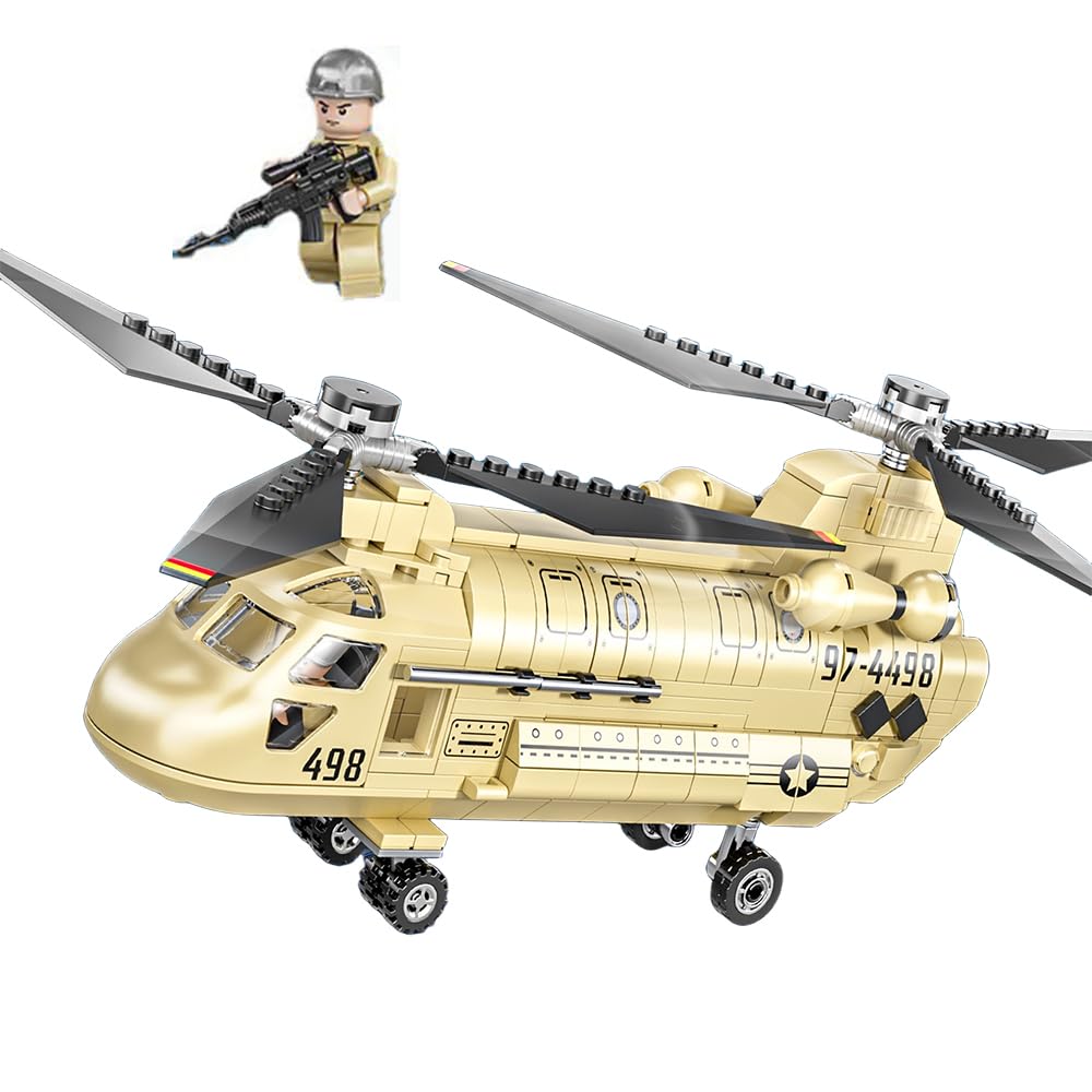 YEIBOBO ! CH-47 Medium Transport Helicopter Building Blocks Set, 451PCS Airplane Model Building Kits with Figure, Military Aircraft Gift for Adults and Kids XJ-839C